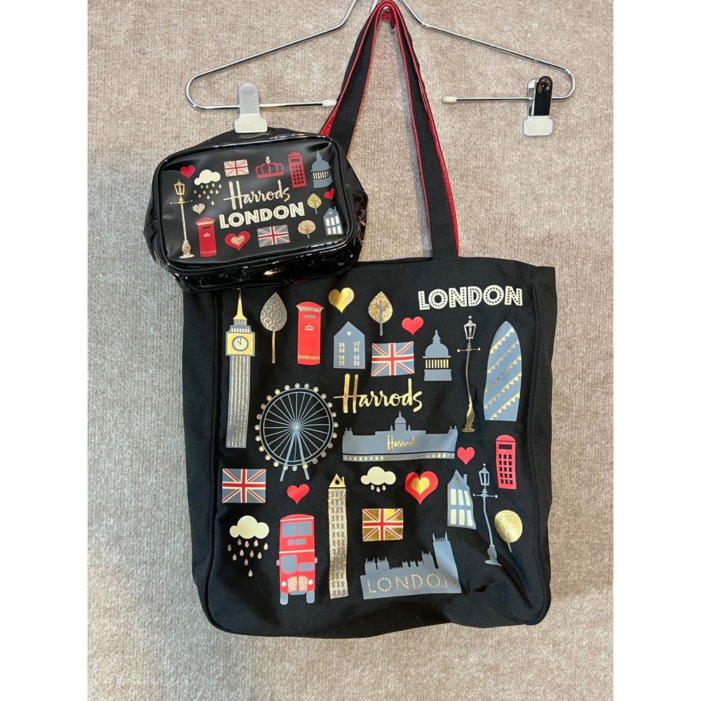 Harrods London Tote Bag & Cosmetic Pouch Set Black Graphic Travel Souvenir